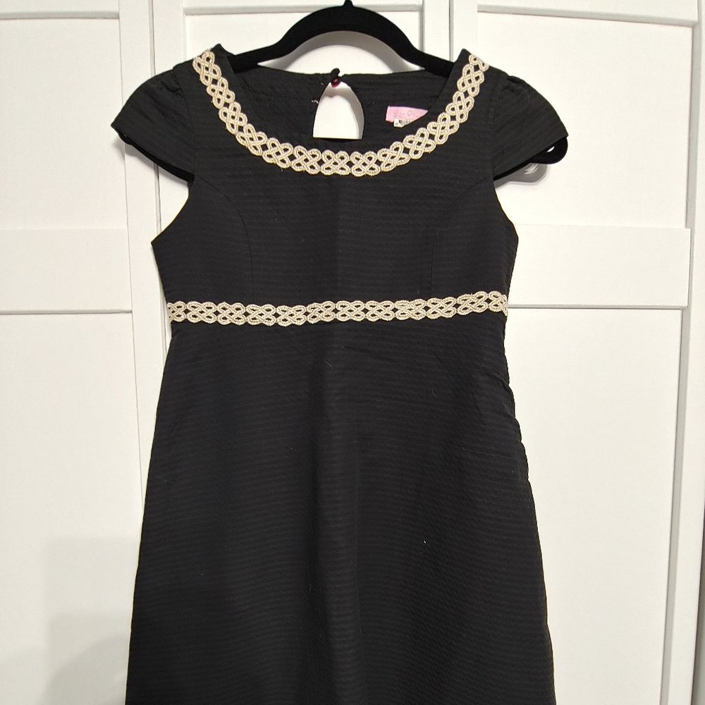 Lilly Pulitzer Dress Womens 12 Black Gold Sleeveless Midi Shift Waffle Metal